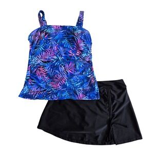 Talisea Womens Tropical Palm Print Tankini and Swim Skirt Set Blue Purple Large